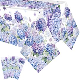 Peryiter 3 Pcs Spring Hydrangea Plastic Tablecloths for Rectangle Tables Watercolor Flower Butterfly Tablecloth Disposable Table Cover Floral Table Cloth for Easter Summer Party Decoration, 54 x 108''
