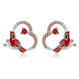 Red Cardinal Earrings Sterling Silver: Cute Red Bird Heart Stud Memorial Jewelry Remembrance Gifts for Women, Small, Silver, No Gemstone