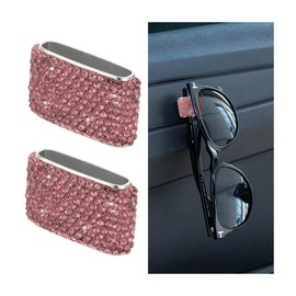 Bittwee 2PCS Bling Car Sunglasses Holder, Diamond Rhinestone Automotive Dashboard Glasses Eyeglasses Hanger Hook Sun Visor Clip Car Organizer for Women Men, Universal for Vehicle Home Office（Pink）
