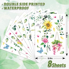 Whaline 8 Sheets Spring Hanging Floral Window Cling Stickers Eucalyptus Flower Vine Windows Decals Watercolor Reusable Window Decoration for Party Home Classroom
