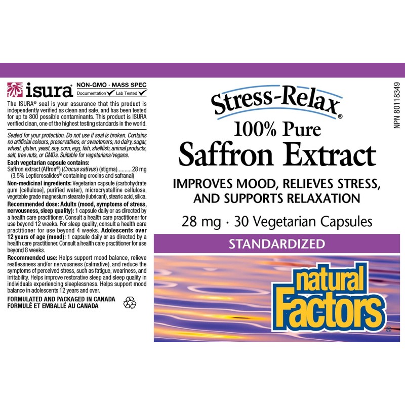 Saffron Extract 28mg, Stress Relax 30 Vcaps