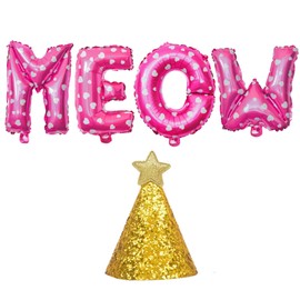 BoningNEW 1Set Five Pointed Star Golden Glitter Hat MEOW Letter Mylar Foil Balloons Banner for Cat Birthday Party Pet Adoption Party Funny Kitten Cat Theme Party Decorations Supplies(Pink Heart 16In)