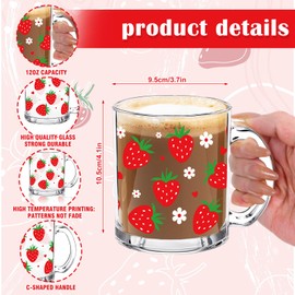 FYSUIMU Strawberry Glass Coffee Mugs with Handle Lovely Strawberry Coffee Cups Summer Beverage Mugs for Hot Cold Drinks Women Friend Party Favors