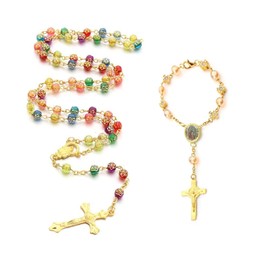 Rosary Necklace Bracelet Set, Rosary Chain Crucifix, Cross Christian Bracelet, Beautiful and Delicate, for Birthday Gift, Dressing, Christening, Party (Gold), Metal, Pearl