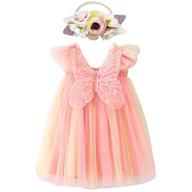BGFKS Layered Tulle Tutu Dress with Butterfly Wing for Baby Girls,Toddler Girl Princess Dress with Headband. Orange Pink