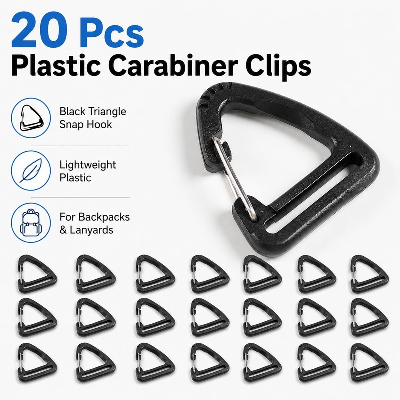 20Pcs Plastic Carabiner Clips, 1 Inch, Black Triangle Snap Hooks