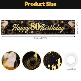 ANOMM Happy 80th Birthday Banner, 80th Black Gold Fabric Happy Birthday Decorations for Men Women, Birthday Party Photo Backdrop Banner, Outdoor Garden Wall Table Decor, 210 * 40cm