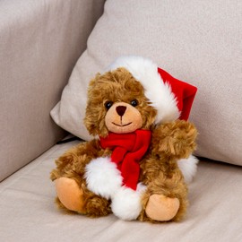 Plushland Adorable Soft and Hairy Santa Teddy Bear, Stuffed Animal Holiday Toys Christmas Accessories – A Perfect Toy Gift for Kids (11 Inches, Xmas Mocha Bear)