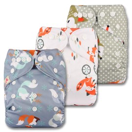 Littles & Bloomz, Reusable Pocket Cloth Nappy, Fastener: Popper, Set of 3, Patterns 309, Without Insert