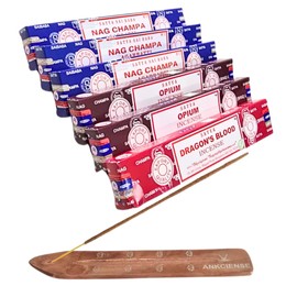 Satya with ANKCIENSE Incense Holder Pack of 3 fragrances Variety Pack of 90 Sticks. (Nag Champa, Opium & Dragon Blood)