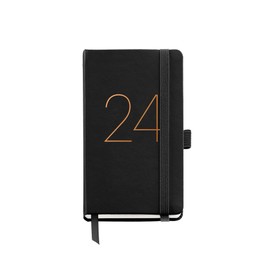 Miquelrius - 2024 Year Diary Day to View Passport Size 90 x 140 mm Hard Cover Stitched Faux Leather Elastic Band Spanish English and Portuguese Black