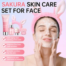 Sakura Skin Care Set for Teen Girls, Skincare Gift Set for Teens 10-12, Hydrating & Soothing, 5 Pcs Collagen Skincare Routine Kit for Women with Cleanser, Serum, Cream, Bunny Headband, Cleansing Brush