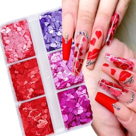 Valentine's Day Nail Sequins Colorful Love Heart Nail Glitter Sequins Red Pink Blue Green Black Heart Nail Art Flakes Powder Kit for Acrylic Festival Nails Decorations DIY Sparkly False Nails Crafts