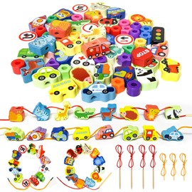 Threading Toys for 2 Year Olds, Threading thread Montessori Toys Toddlers Animals Transportation Wooden Fine Motor Skills Toy Toddler Threads Beads Educational Gifts for 1-2 Year Old Girls Boys Kids