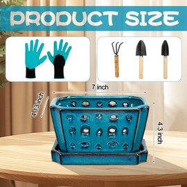 Teenyyou 1 Set Orchid Pot with Holes 7 Inch Ceramic Orchid Pot with Saucers for Repotting Amaryllis Flower Planter Include Gardening Shovel Set and Gloves for Home Decor(Blue)