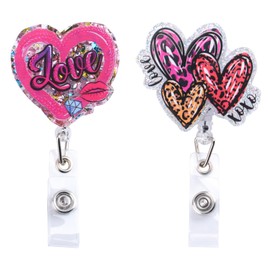 URROMA Retractable Badge Holder, 2Pcs Valentine's Day Shining Pink Love Cute Heart Badge Reel with Alligator Clip for Medical Worker Accessory