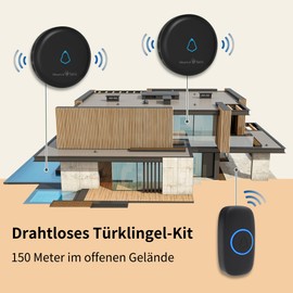 Heart of Tafiti Wireless Bell Set, IP55 Waterproof, Front Doorbell Kit with 1 Plug-in Receiver and 1 Transmitter, LED Flash, Black