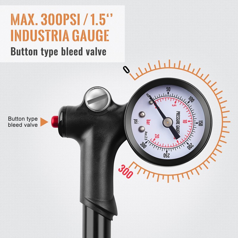 Shock Pump, [300 PSI] [Fit Presta Schrader] Diyife High Pressure