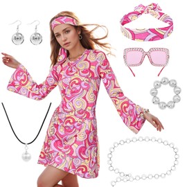 Matreeglam Hippie Costume Set for Women, Retro Clothing Women with Dress, Headband, Sunglasses, Hair Accessories, 60s 70s Party for Carnival, Cosplay Fancy Dress Costumes (Pink, L)