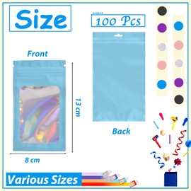100pcs Mylar Holographic Bags 8x13cm,Blue Smell Proof Mylar Bags Resealable Sweet Pouches,Small Plastic Bags Sample Bags for Lipgloss,Jewelry,Eyelash,Food Storage Gift Grip Foil Ziplock Mylar Bags
