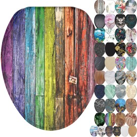 SANILO Wooden Toilet Seat with Soft Close [ELONGATED] - Decorative, Quiet & Slow Close Molded Wood Seat - With Strong Bumpers & Hinges - Adjustable Fit - Rainbow