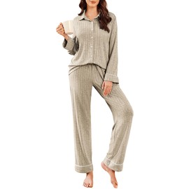 Ekouaer Womens Pajama Sets Long Sleeve Ribbed Knit Lounge Set Button Down Soft 2 Piece Pjs with Pockets Champagne M