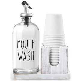 Mouthwash Dispenser for Bathroom, Rustic 16 OZ Glass Mouthwash Dispenser with Pour Spout and Wood Cup Holder and Tray, Mouth Wash Bottle Container, Farmhouse Kitchen Bathroom Decor and Accessories