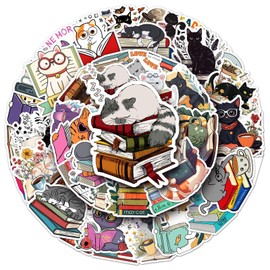 50 Pcs Cat Reading Stickers,Reading Graffiti Stickers,Vinyl Waterproof Sticker for Kids Teens Girls,Phone Laptop Water Bottles Skateboard Computer Scrapbook Luggage Guitar Car Gifts Sticker
