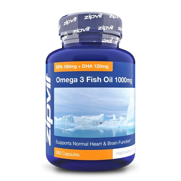 Omega 3 Fish Oil 1000mg, 360 Softgel Capsules. 12 Months Supply. EPA 180mg DHA 120mg. Supports Heart, Brain Function and Eye Health.
