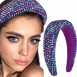 Coridy Wide Padded Headbands Baroque Rhinestone Hairbands Women's Sparkling Crystal Hair Bands Bejeweled Head Piece Thick Embellished Headbands for Party Nightclub (Purple)