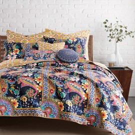 Levtex Home - Bertelli Navy Quilt Set - Full/Queen Quilt and Two Standard Shams - Floral - Navy, Pink, Ochre, Blue Teal, Green - Quilt (88x92in.) and Shams (20x26in.) - Reversible - Cotton