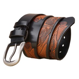 U-A Western Eagle Print Black Coffee Orange Pin Buckle Jeans Causal Pants Men Leather Belt(Black,for31-33" waist size)