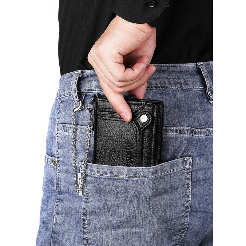 Men Wallet with Chain Vegan Faux Leather Bifold Wallet for