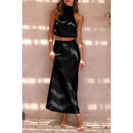 PRETTYGARDEN Women's 2 Piece Satin Outfits Summer Sleeveless Mock Neck Crop Tops and Long Skirt Dress Sets (Black,Small)