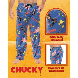 COCO BRANDS Chucky Men's All Over Print Pajama Pant with Adjustable, Elastic Waistband - Soft, Silky Sleepwear, Size Large, Chucky Blue/Good Guy