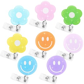 Whaline 8Pcs Flower and Smile Retractable Badge Holder with Clip Pastel Preppy Sparkly Nurse ID Badge Reel Name Tag for Office School Hospital Nurses Doctors Teachers