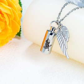 Cylinder Urn Necklace for Ashes Silver Memorial Ashes Necklace with Angel Wing Motorcycle Biker Memorial Urn Pendant Ash Keepsake Cremation Jewellery