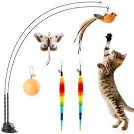Potaroma Suction Cup Cat Wand Toys, Dual-Wand Interactive Kitten Toy for Indoor Cats with 5 Pcs Feathers Balls Attachments, Charcoal Base