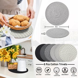 Coga 8" Trivets for Hot Dishes, Hot pots and Pans, 6 Pack Heat Resistant Hot Pads, Pot Holders for Kitchen, Hot Plate Mats for Table and Countertops, Farmhouse Decor Home Kitchen Essentials, Mix-Grey