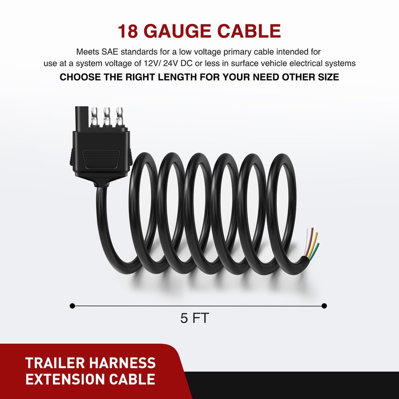 Nilight 4 Way Trailer End Connector 5 Feet Jacketed Cable