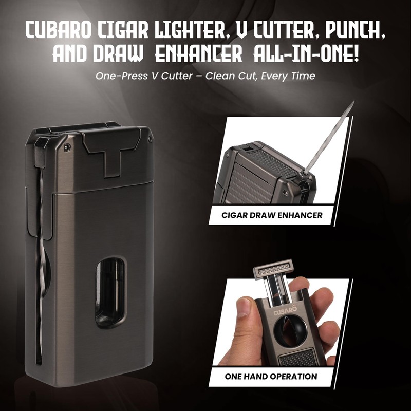 CUBARO Cigar Lighter with V Cutter, Punch, Draw Tool –