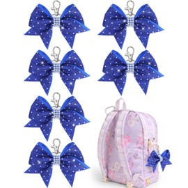 OAOLEER 6PCS Glitter Cheer Bow Keychain with Rhinestones, Sparkly Cheer Key Chain bulk for team Cheerleader Keyrings for Teen Cheerleading Sports Accessory (Blue)