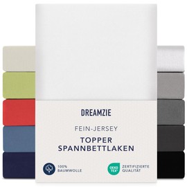 Dreamzie Premium Fitted Sheet for Topper, 90 x 200 cm – 100 x 200 cm – Extra-Low Side Height – for Topper – Topper Sheet – Jersey Cotton Fitted Sheet, 150 g/m² – OEKO-TEX – White