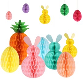Xmart Pack of 11 Easter Decoration Honeycomb Ball Easter Egg Rabbit Carrot Paper Honeycomb Easter Egg with 15 Paper Clips Colourful Easter Honeycomb Ball Easter Decoration for Hanging for Spring