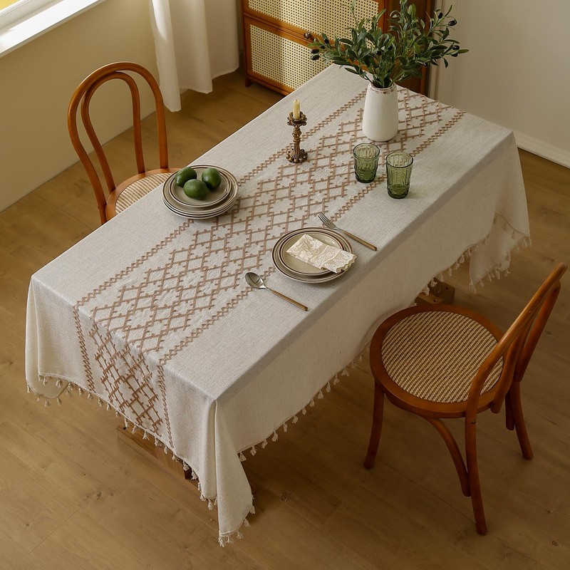 LOHUT Thick Linen Embroidered Checkered Tablecloth, Bohe Style Dining Tablecloth,