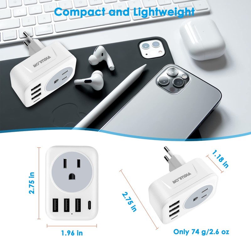 VIEWLON European Plug Adapter Canada US to Europe Travel Essentials,