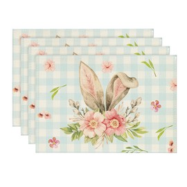 Artoid Mode Blue White Buffalo Plaid Bunny Ears Flower Easter Placemats Set of 4, 12x18 Inch Seasonal Holiday Table Mats for Party Kitchen Dining Decoration