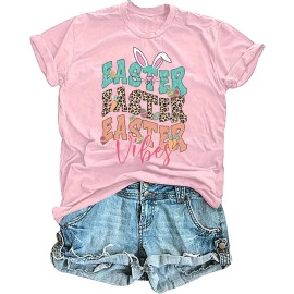 Happy Easter Cute Women's Cotton Sleeveless T-Shirts with Easter Bunny & Egg GraphicsColor: Easter vibes-pink2, Size: M