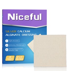 Niceful Silver Calcium Wound Dressing 4" x 4", Highly Absorbent Ag Silver Calcium Alginate Wound Dressing Pads Soft, 5 Pack