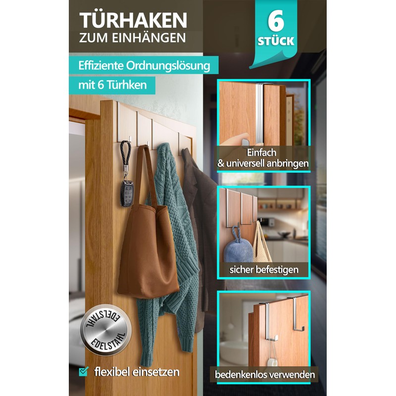 4smile Door Hooks for Hanging, Set of 6 - Stainless